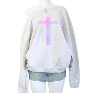 oversized off the shoulder galaxy cross graphic sweatshirt grey